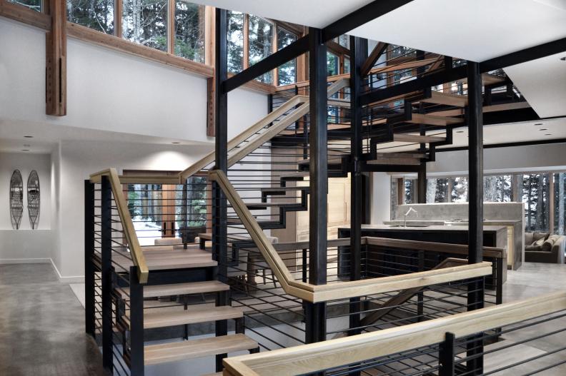 Modern Wood and Metal Staircase in Center of Home