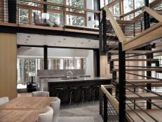 Modern Open Stairway With Cable Railing and Modern Neutral Kitchen