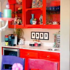 Red Built-In Contemporary Wet Bar With Colorful Accessories