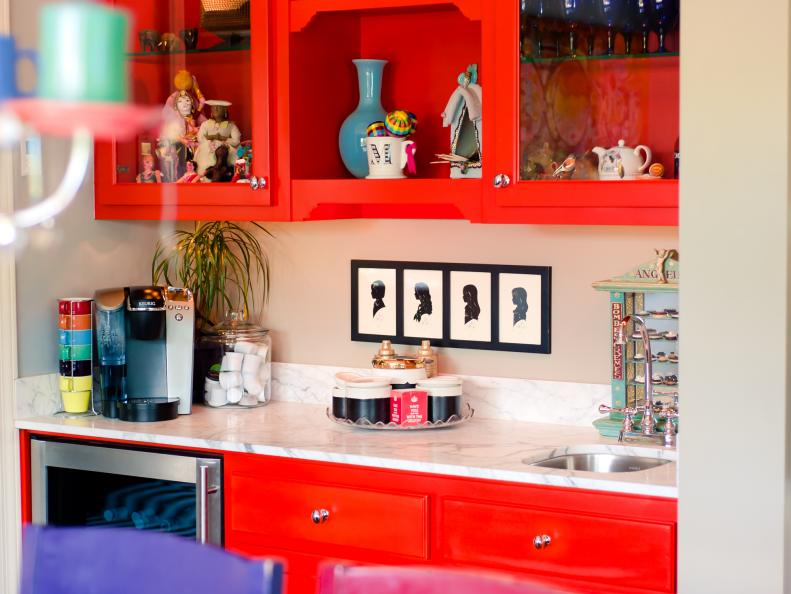 Contemporary Red Hutch and Wet Bar in Eclectic Dining Room