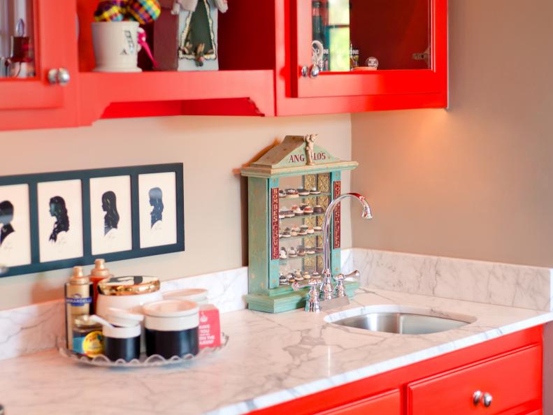 Contemporary Red Hutch and Wet Bar With Marble Countertop