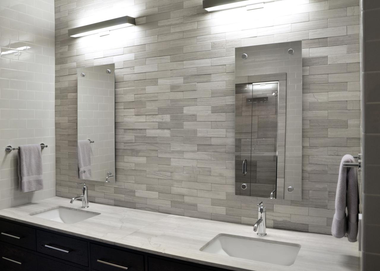 Modern White Bathroom With Sleek Gray Tile Backsplash | HGTV