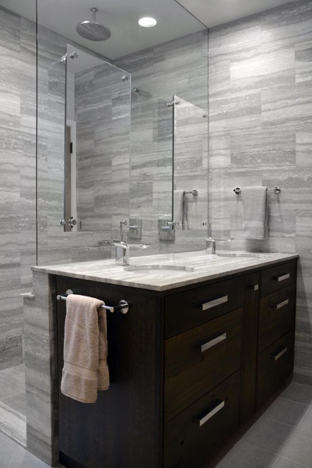 Glass Shower Wall Is Vanity Backsplash in Modern Gray