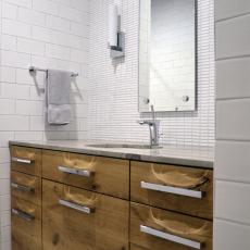 Natural Wood Vanity Adds Warmth to Modern White Bathroom