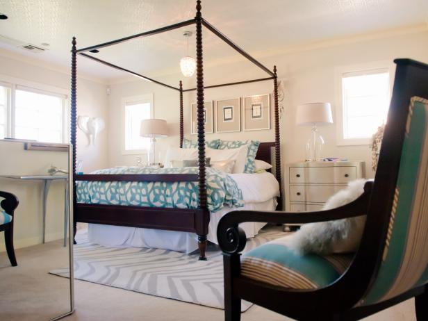 Master Bedroom With Canopy Bed And Teal Accents Hgtv