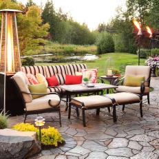 Transitional Outdoor Living Space With Patio Heater