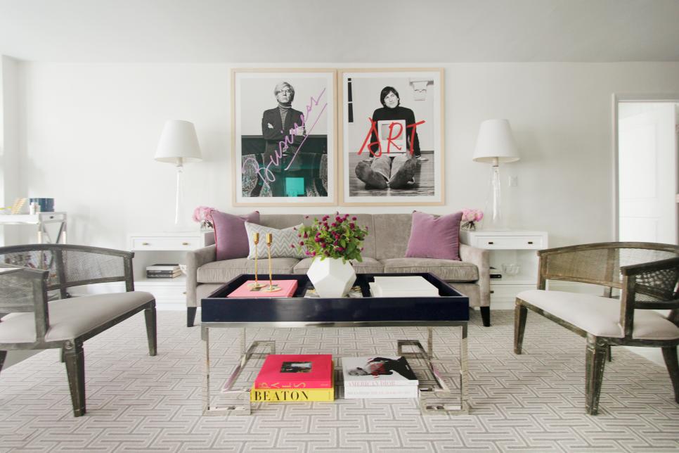 White Living Room With Gray Carpet, Black & White Photos