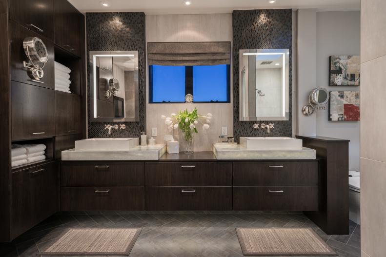 Large Contemporary Bathroom With Brown Cabinets and Vessel Sinks