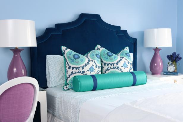 Blue Contemporary Kid's Bedroom With Navy Velvet Upholstered Headboard