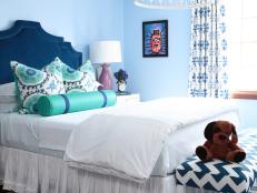 Blue Contemporary Kid's Bedroom With Chevron Rug and Bench