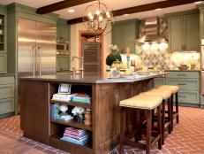 Eat-In Transitional Kitchen With Large Island and Pale Green Cabinets