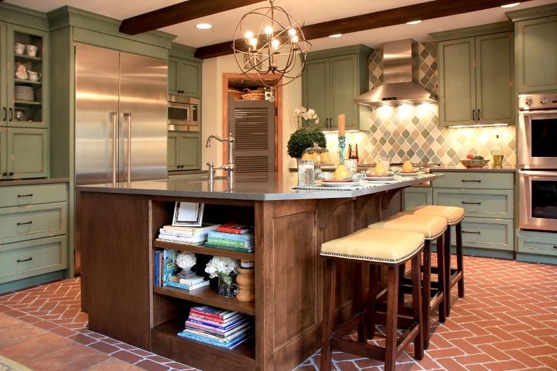 Eat-In Transitional Kitchen With Large Island and Pale Green Cabinets