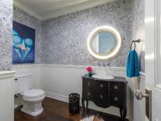 Small Bathroom With Black and White Wallpaper, Beadboard