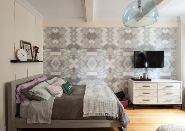 Studio Bedroom With Patterned Wallpaper and Soft Cream Walls