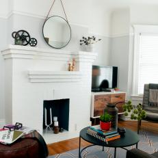 Neutral Transitional Living Room With White Fireplace