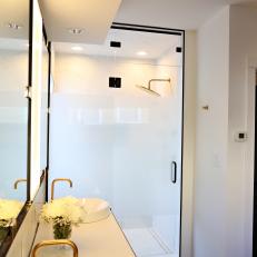 Modern White Bathroom With Vessel Sinks and Shower