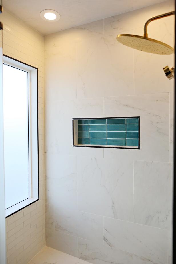 White Marble Shower With Niche in Modern-Industrial ...