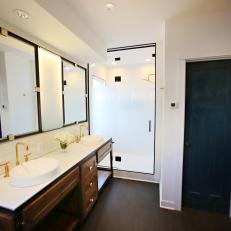 White Modern Industrial Bathroom With Wood and Metal Vanity