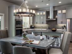 Contemporary Gray Open Plan Kitchen and Dining Area