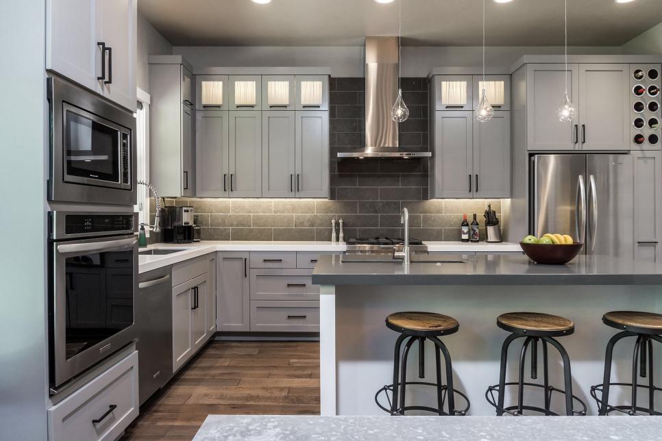 Light Gray Cabinetry Complements White, Light Gray Kitchen Island