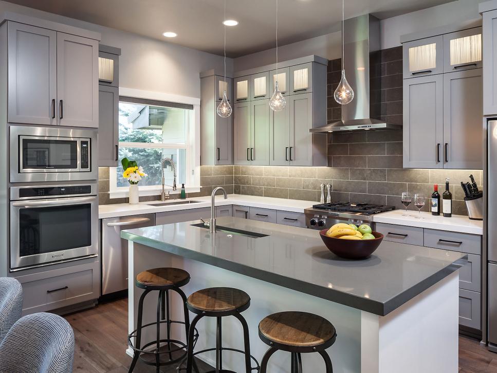 Contemporary Gray Kitchen With Gray Cabinets and Gray & White Island