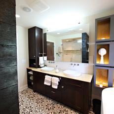 Elegant Family Bathroom With Double Vanity and Brown, Graphic Tiled Floor