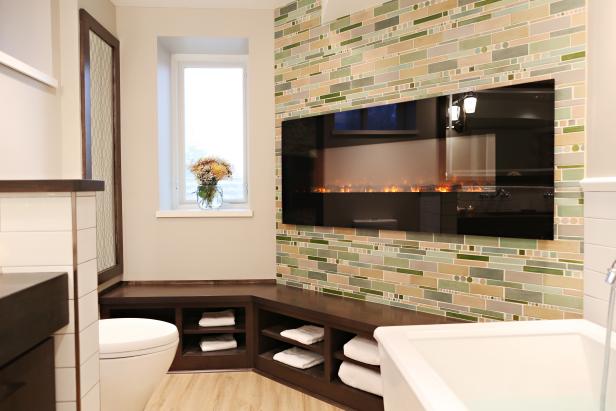 Cozy Master Bathroom With Custom Tiled Electric Fireplace Hgtv