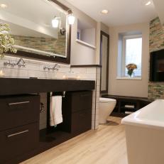 Neutral Contemporary Master Bathroom With Tiled Fireplace