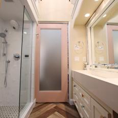 Shabby Chic-Inspired Family Bathroom With Aged Wood Floor