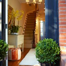 Entryway With Topiary Boxwood and Stairs