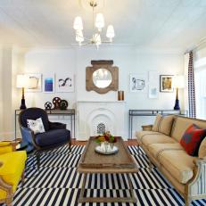 Eclectic Multicolored Living Room With Striped Rug