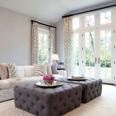 Transitional Gray Living Room With a Mix of Patterns