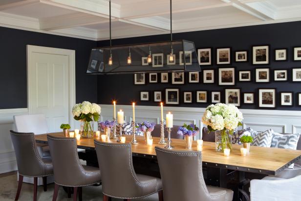 Neutral Dining Room With Wainscoting, Coffered Ceiling & Gallery Wall