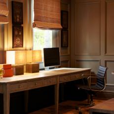 Neutral Transitional Home Office With Wood-Paneled Walls