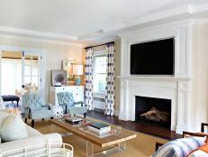 Family Room With Raffia Wallpaper, Traditional Fireplace and Chairs
