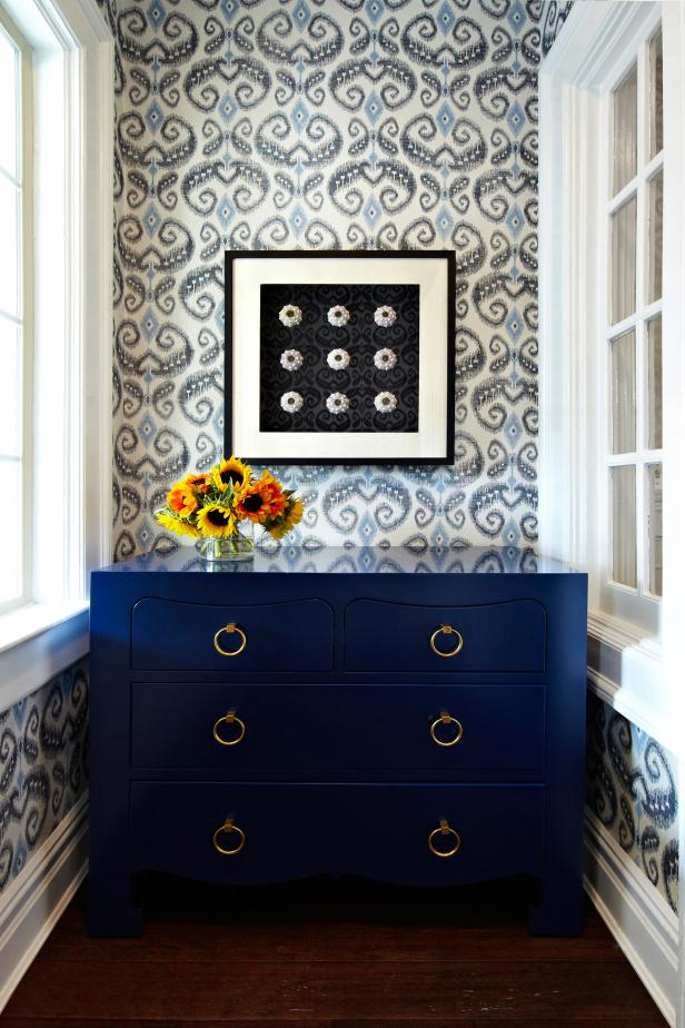 Foyer With Ikat Wallpaper And Dresser Hgtv