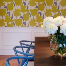 Dining Room Boasts Chartreuse Floral Wallpaper