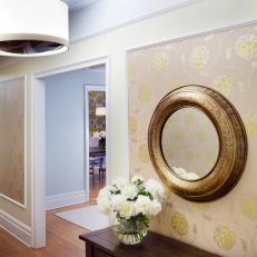 Transitional Hallway With Neutral Floral Wallpaper