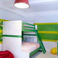 Green and White Boy's Bedroom With Bunk Beds
