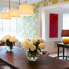 Transitional Dining Room With Green Floral Wallpaper