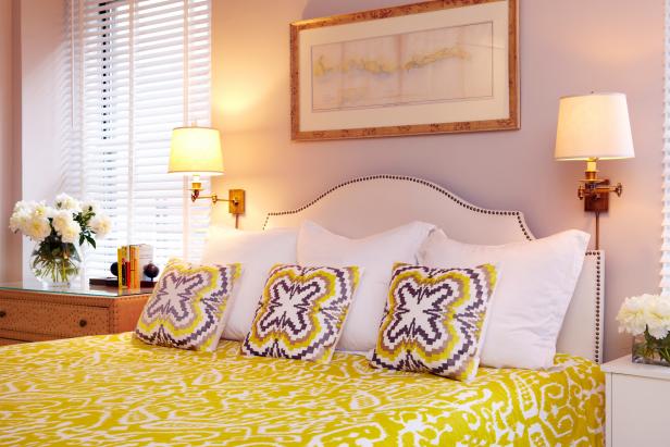 Lavender Master Bedroom Boasts Vibrant Yellow Bedding Hgtv
