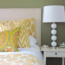 Olive-Green Transitional Bedroom With Custom Headboard