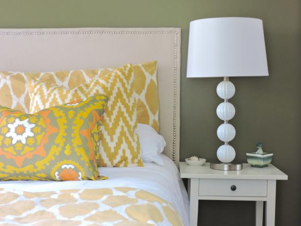 Olive Green Transitional Bedroom With Custom Headboard Hgtv