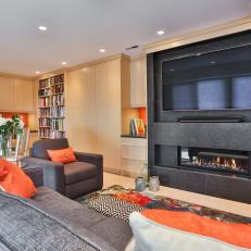 Contemporary Great Room Boasts Sleek Gray Fireplace
