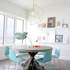 Modern White Dining Room With Aqua Dining Chairs
