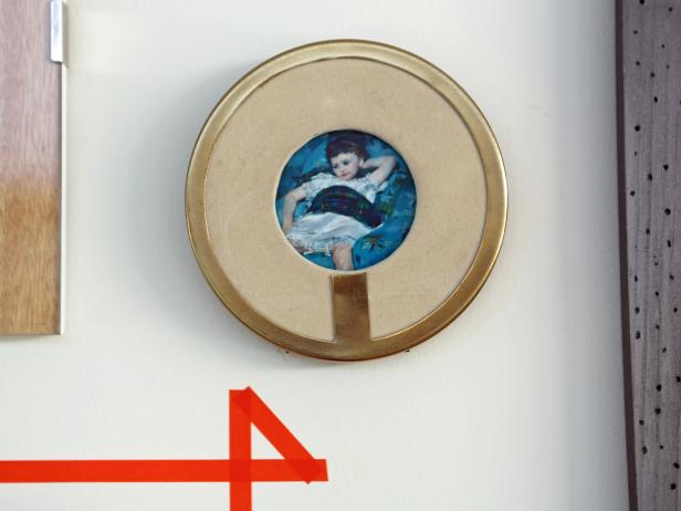 Painted Girl in Fabric and Brass Round Picture Frame