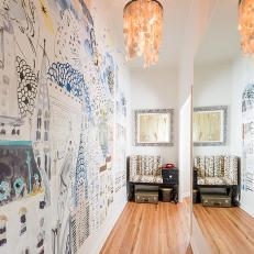 Whimsical Wall Mural in Neutral Eclectic Loft Hallway