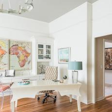 White Transitional Home Office With Warm Hardwood Floor