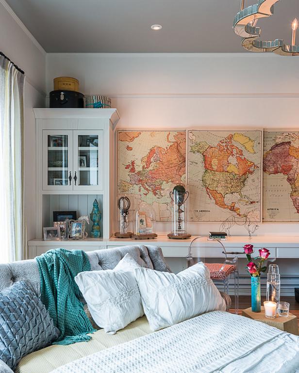 Pullout Sofa in Transitional Home Office Vintage Wall Map