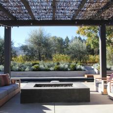 Contemporary Outdoor Seating, Fire Pit and Pergola